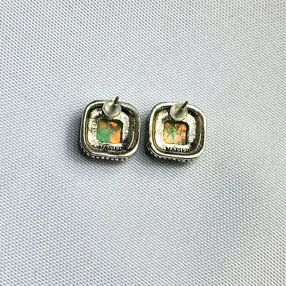 Napier Green White Cabochon‎ Square .5 inch Post Earrings Vintage 1970s